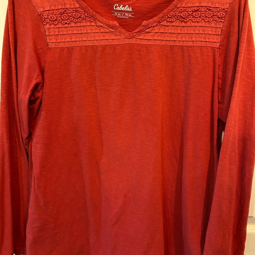Cabela's Coral Red Crochet Lace Yoke Long Sleeve Top EUC- Size XL